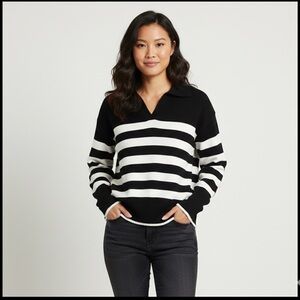 NWT Zesica Collared Striped Sweater - Black & White Preppy Boho Knit